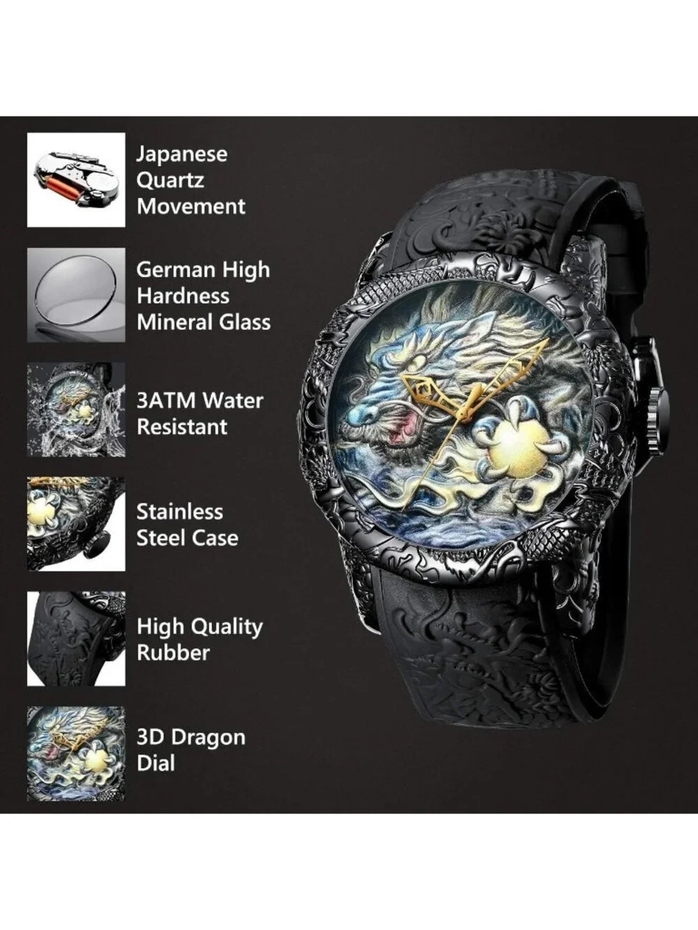 Mens Black Fashion Analog Quartz Big Dial 3D Sculpture Dragon Luxury Wrist Watch